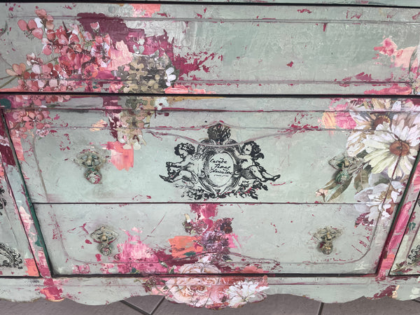 Spring Flowery Bench on wheels - Painted by Tabitha St Germain