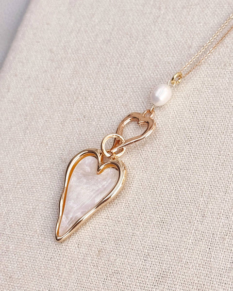 Gold Double-Sided Heart Necklace Pearl & Resin - Gracie Rosie
