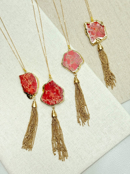 One of a Kind Gold Red Sea Jasper Pendant Tassel Necklace