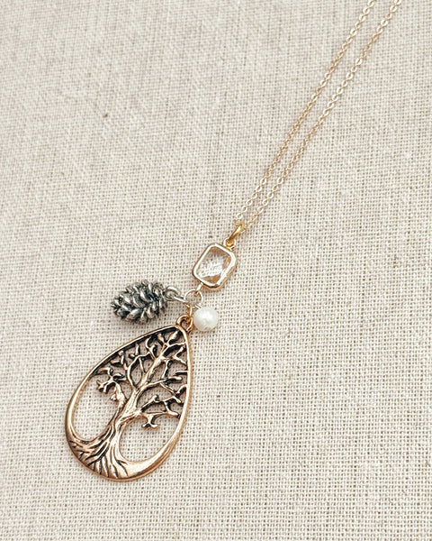 Gold Tree & Pine Cone Cluster Pendant Necklace