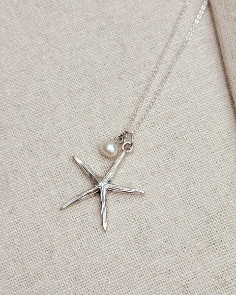 Beachy Rhodium Freshwater Pearl Starfish Charm Necklace