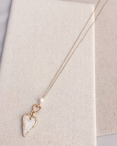 Gold Double-Sided Heart Necklace Pearl & Resin - Gracie Rosie