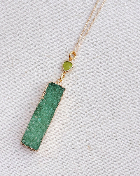 Green Druzy Quartz Pendant Long Necklace - Gracie Rose