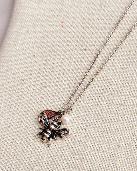 Antique Silver Bee Necklace Pearl Leaf Charm