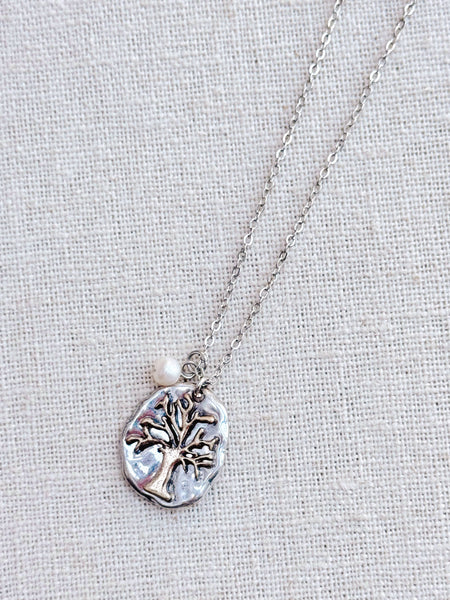 Vintage Two Tone Tree & Pearl Talisman Charm Necklace