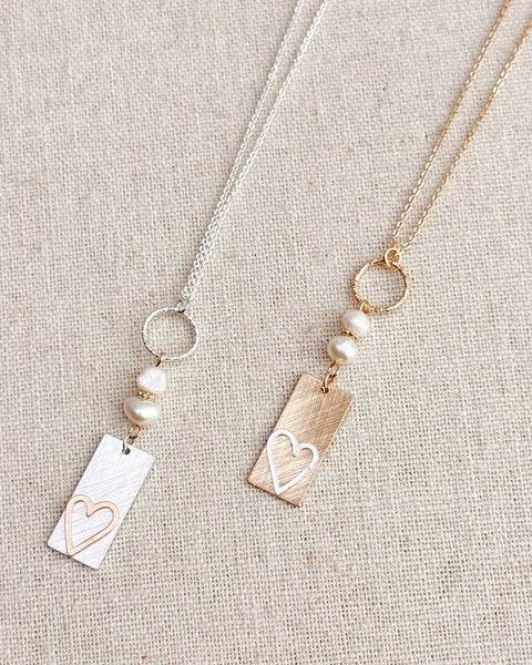 Two Tone Gold & Silver Pearl Heart Tag Necklace: Silver