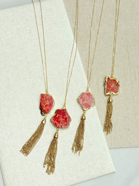 One of a Kind Gold Red Sea Jasper Pendant Tassel Necklace