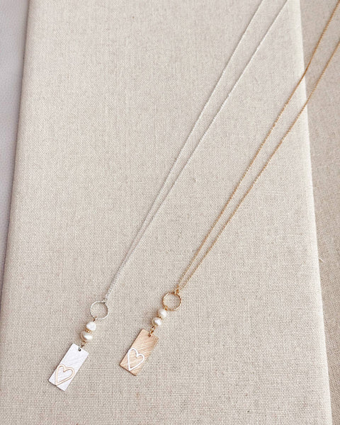 Two Tone Gold & Silver Pearl Heart Tag Necklace: Silver