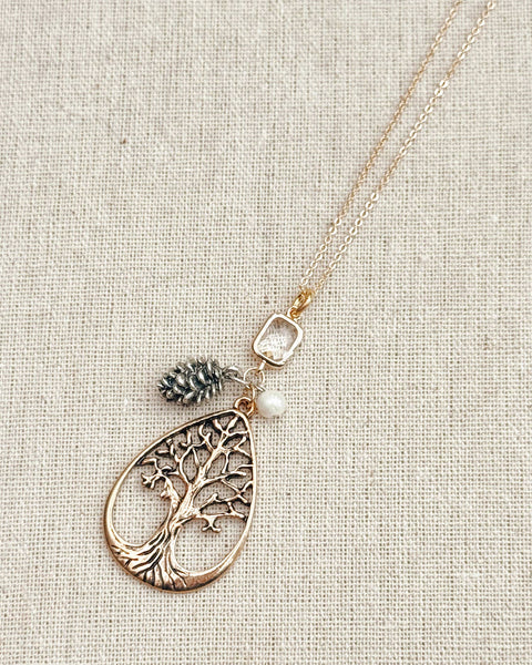 Gold Tree & Pine Cone Cluster Pendant Necklace