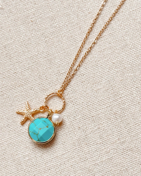 Gold Turquoise Starfish Cluster Charm Necklace