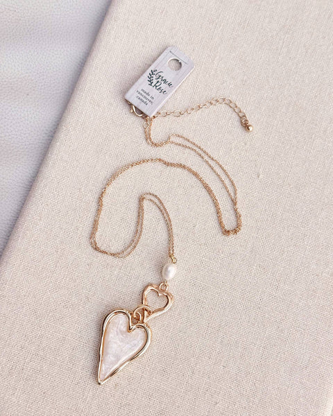 Gold Double-Sided Heart Necklace Pearl & Resin - Gracie Rosie
