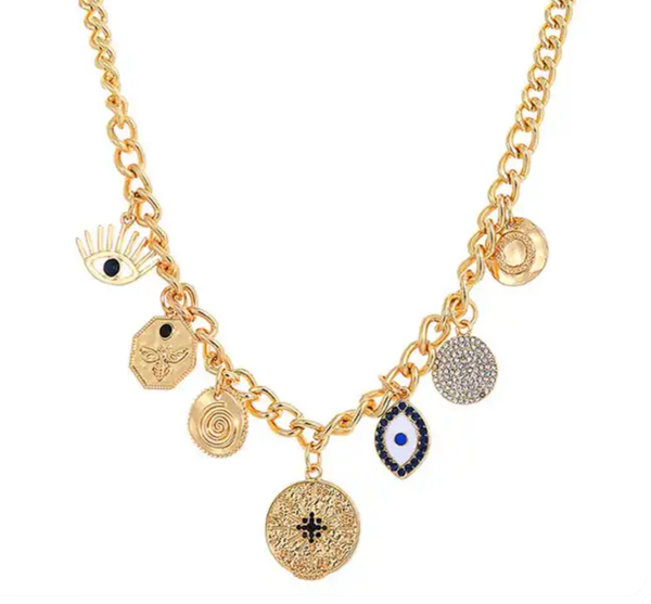 Celestial Collection- Moon and stars PaperClip Necklace: Evil Eye Drop