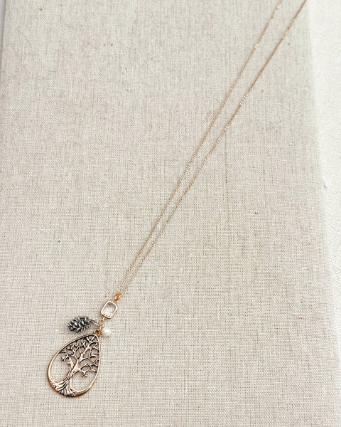 Gold Tree & Pine Cone Cluster Pendant Necklace