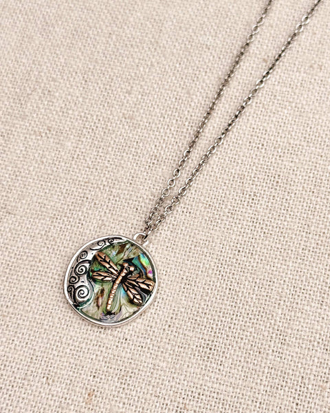 Dragonfly Abalone Charm Talisman Medallion Necklace