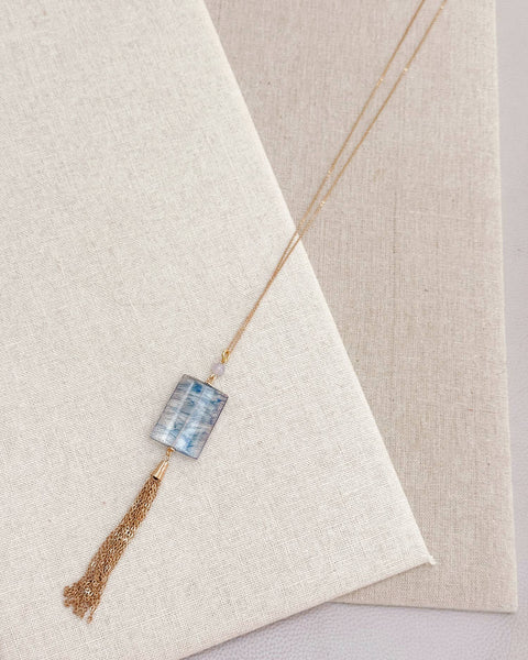 Blue Quartz Rectangle Tassel Necklace – Long Chain: B