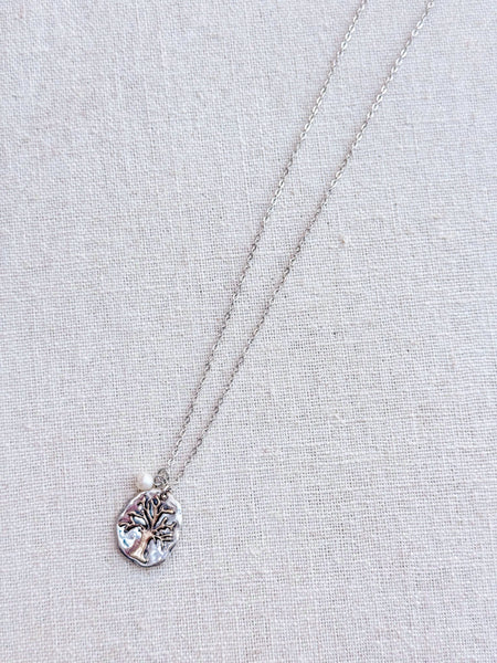 Vintage Two Tone Tree & Pearl Talisman Charm Necklace