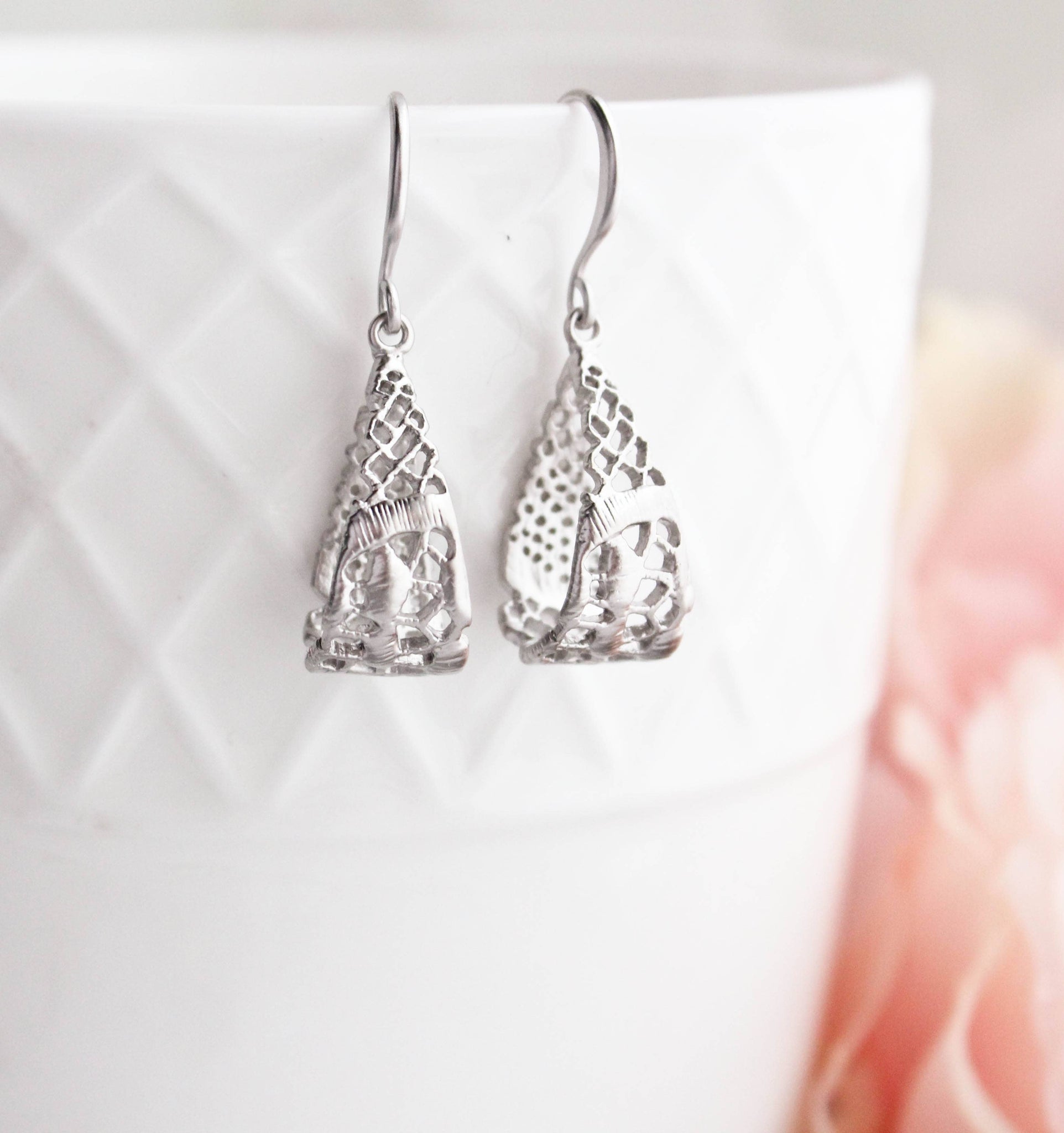 Earrings - Silver Plated Lace Loop Teardrop Filigree