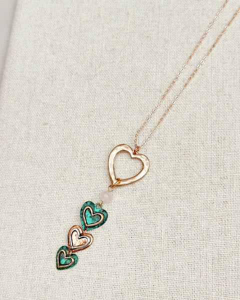 Romantic Love Hearts Patina Mix Rose Quartz Long Necklace