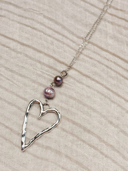 Pearl & Silver Heart Outline Pendant Necklace