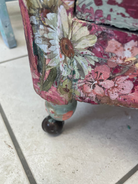 Spring Flowery Bench on wheels - Painted by Tabitha St Germain