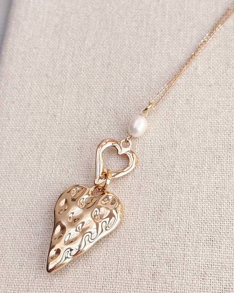 Gold Double-Sided Heart Necklace Pearl & Resin - Gracie Rosie