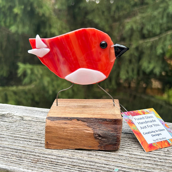Figurine - Single Birds on Wood: Red-Orange