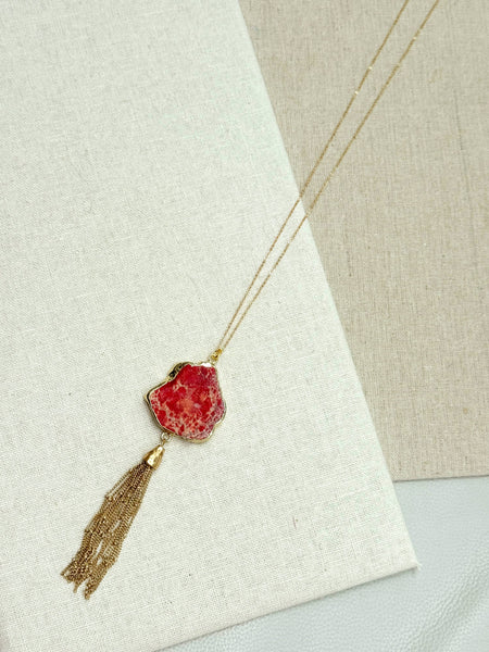 One of a Kind Gold Red Sea Jasper Pendant Tassel Necklace