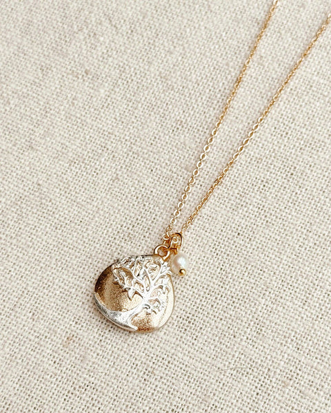 Gold Tree of Life Pearl Charm Necklace