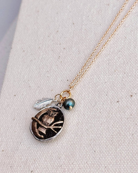 Owl and Moon Pearl Talisman Charm Necklace
