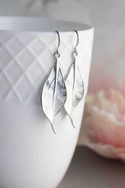 Earrings - Long Curled Leaf - Matte Silver