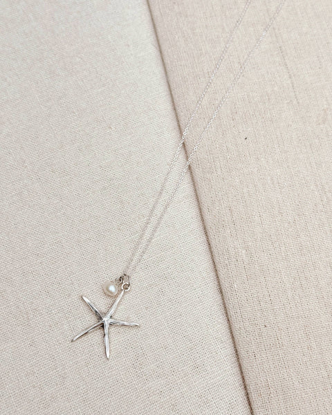 Beachy Rhodium Freshwater Pearl Starfish Charm Necklace