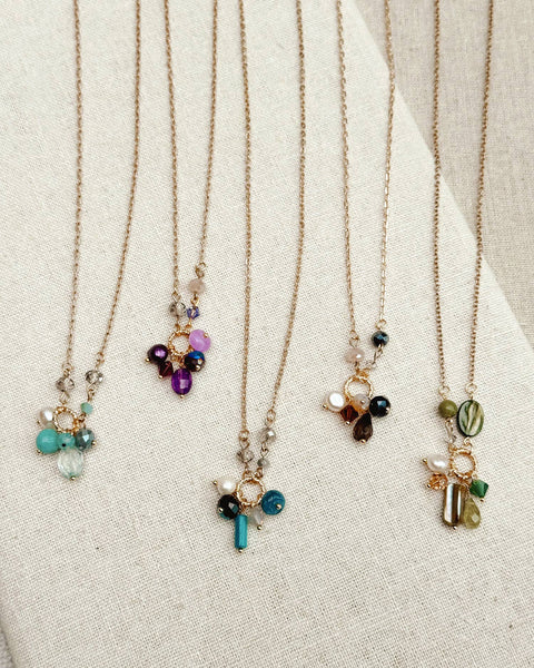 Green Garnet & Pearl Cluster Necklace
