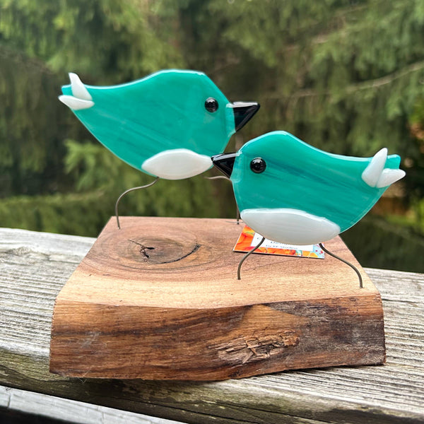 Figurine - Double Birds on Wood: Blue Yellow and White