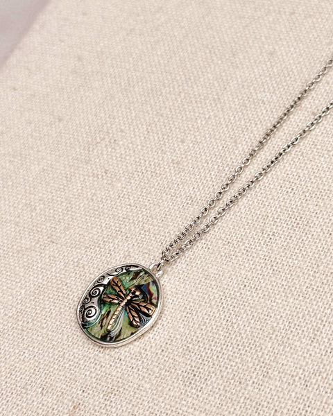 Dragonfly Abalone Charm Talisman Medallion Necklace