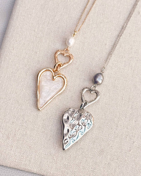 Silver Double-Side Heart Necklace – Freshwater Pearl & Resin