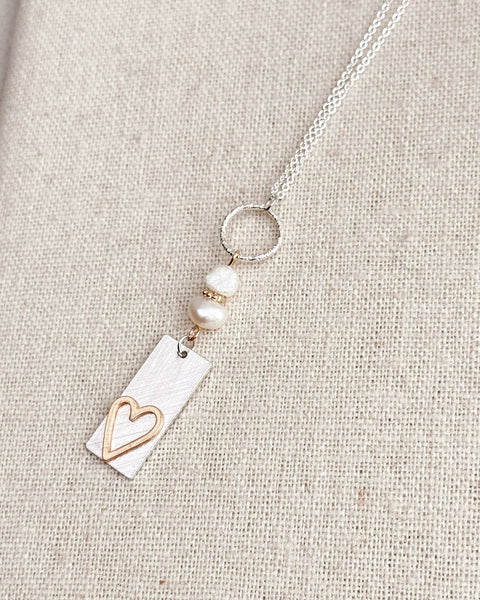 Two Tone Gold & Silver Pearl Heart Tag Necklace: Yellow Gold