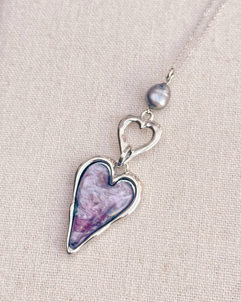 Silver Double-Side Heart Necklace – Freshwater Pearl & Resin