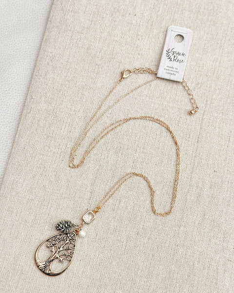Gold Tree & Pine Cone Cluster Pendant Necklace