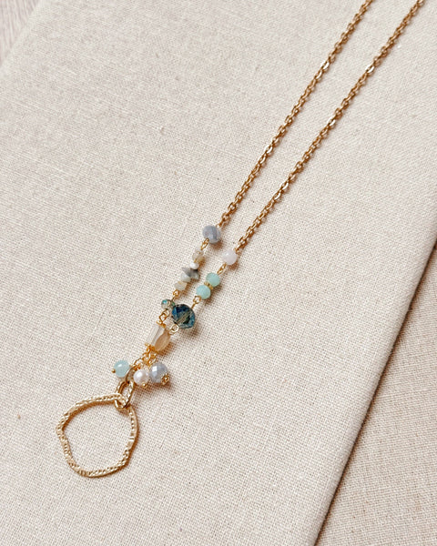 Gold Pearl & Blue Mixed Stone Circle Necklace