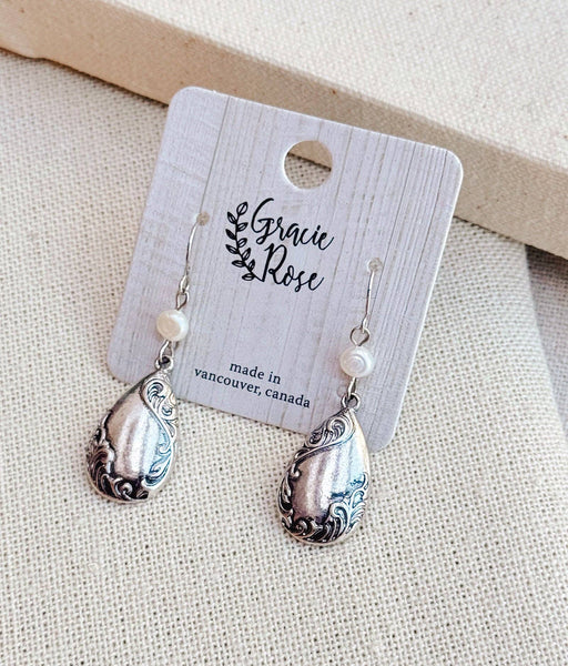 Silver Ornate Teardrop Earrings with Freshwater Pearl