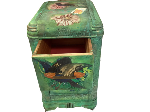 Green Hummingbirds 2 Drawers Side Table - Painted by Tabitha St Germain