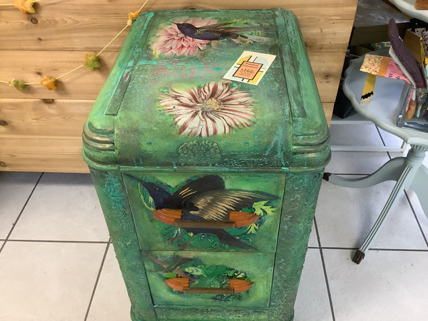 Green Hummingbirds 2 Drawers Side Table - Painted by Tabitha St Germain