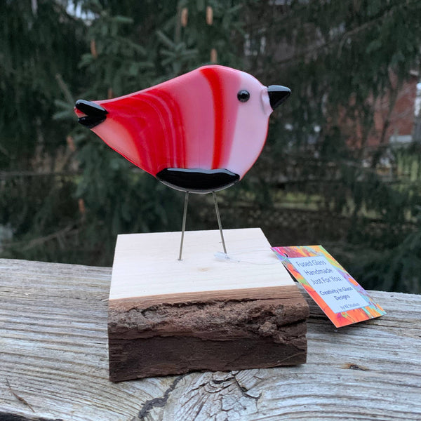 Figurine - Single Birds on Wood: Red-Orange