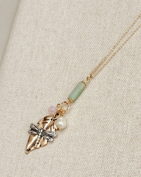 Gold Dragonfly Amazonite & Crystal Pendant Necklace