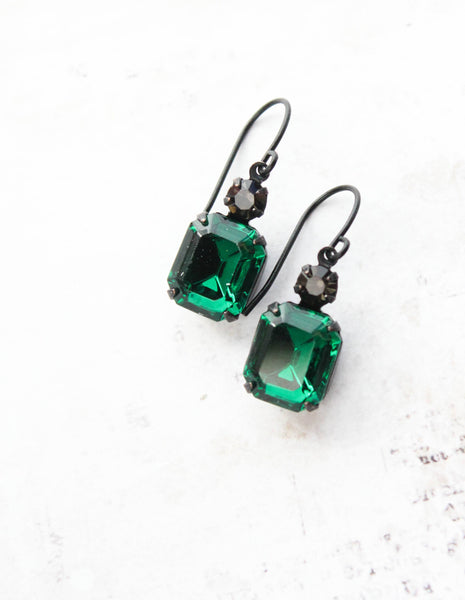 Earrings - Vintage Glass Jewels - Emerald  Green