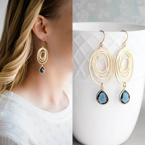 Earrings - Modern Oval Swirl - Navy Blue Glass Jewel