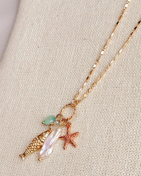 Fish Charm Necklace Keshi Pearl Chalcedony Gold