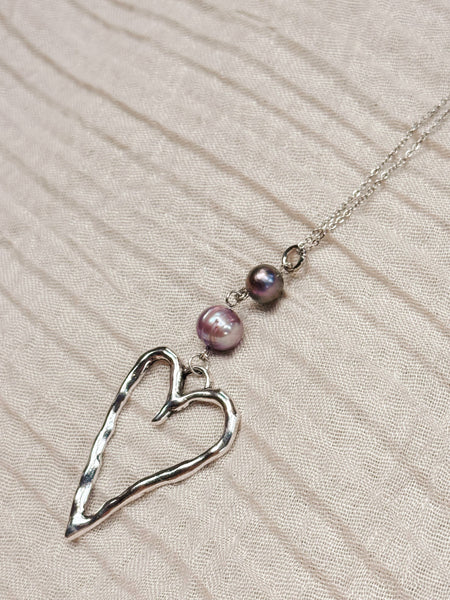 Pearl & Silver Heart Outline Pendant Necklace
