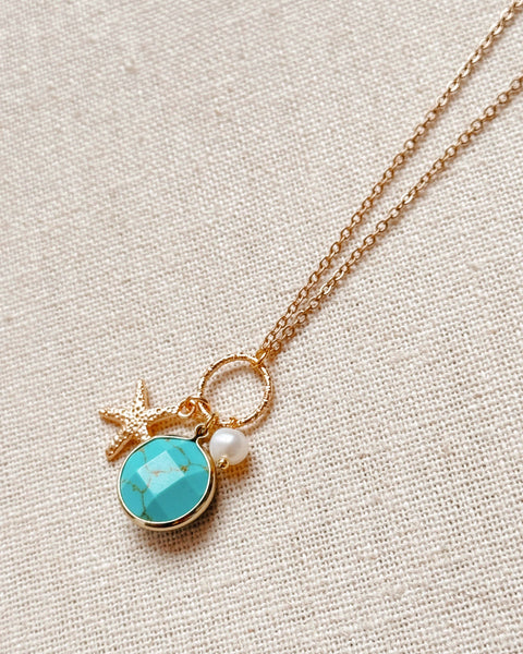 Gold Turquoise Starfish Cluster Charm Necklace