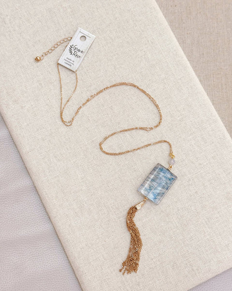 Blue Quartz Rectangle Tassel Necklace – Long Chain: B